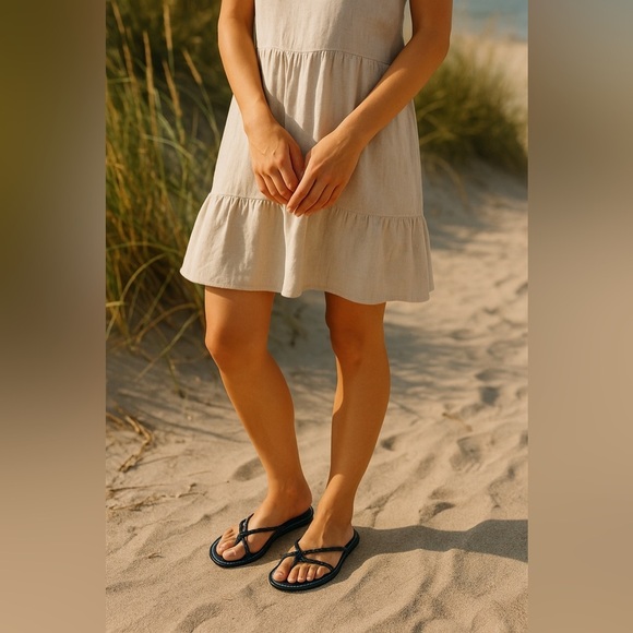 Shoes - NWOT Strappy Black Sandals with White Stitching Summer Flats Vacation size 9